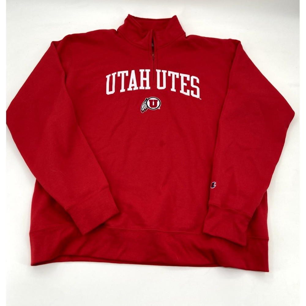 Champion University Of Utah Utes Red 1/4 Zip Fleece Pullover Sweater Mens XL